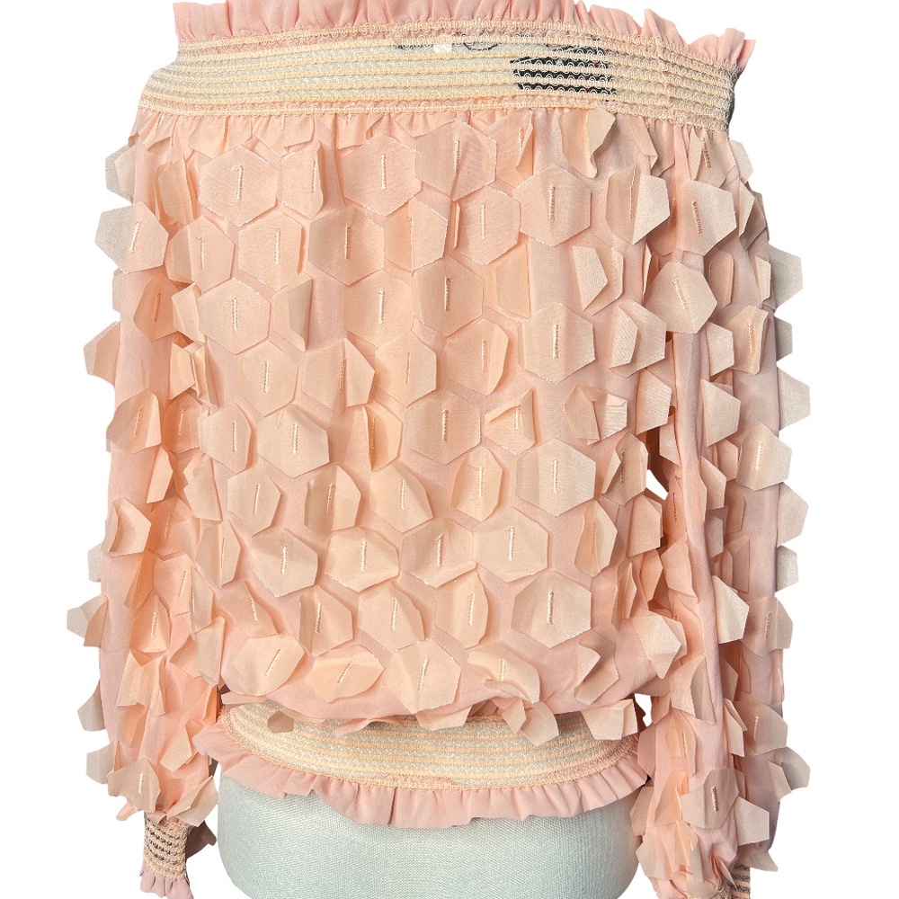 # A110   Nancy  Romantic  Peach 3d Hexagon appliqués  Off-Shoulder Top NWT  S - Picture 4 of 10